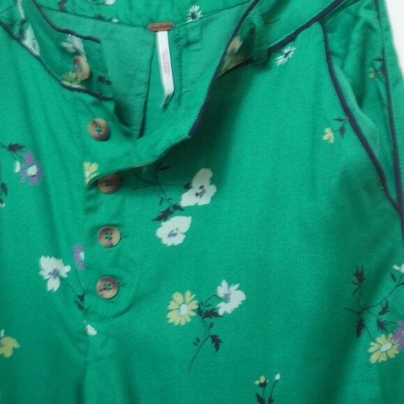 Free People Green Floral Wide Leg Pants Black Piping Size 0 - Picture 15 of 16